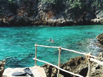 High angle view of sea by cliff