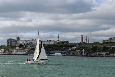 View of sailboat in city