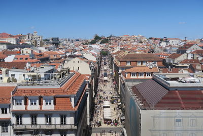 High angle view of townscape against clear blue sky during sunny day