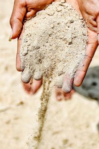 Cropped hands spilling sand at beach