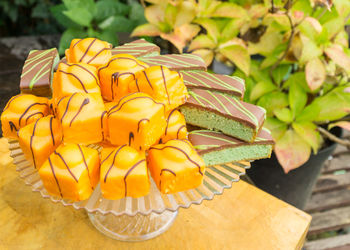 High angle view of yellow food on table