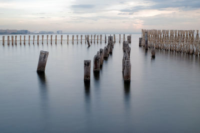 Wooden posts in sea against sky