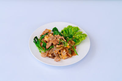 High angle view of food in plate on white background