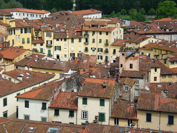 High angle view of houses in city