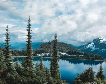 Reflection of trees in lake against cloudy sky