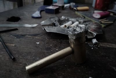 High angle view of cigarette on table