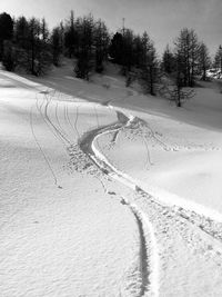 Tire tracks on snow covered field