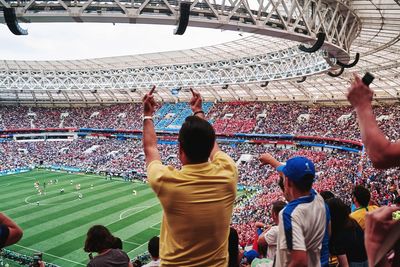 High angle view of people on soccer field