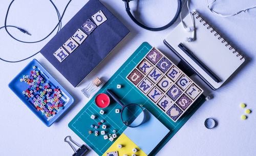 High angle view of various objects on table