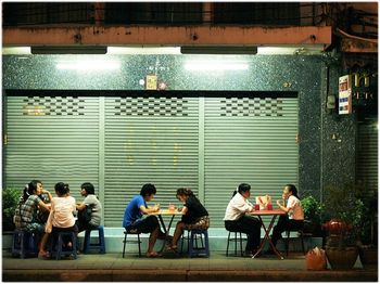 High angle view of people on tiled floor