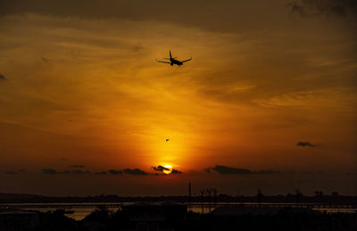 Low angle view of silhouette airplane against sky during sunset