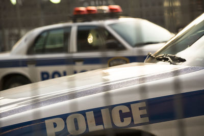 Close-up of new york police cars