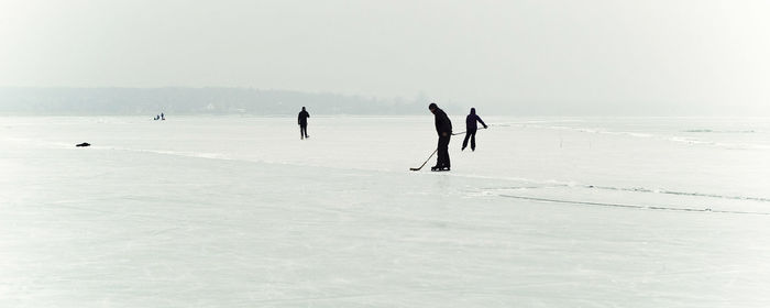 People on snow covered landscape against sky