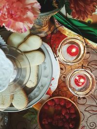 High angle view of various food on table