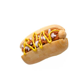 Close-up of hot dog against white background