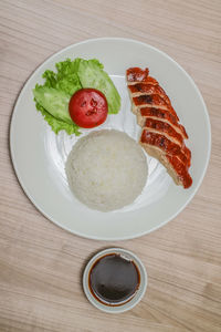 High angle view of breakfast served on table