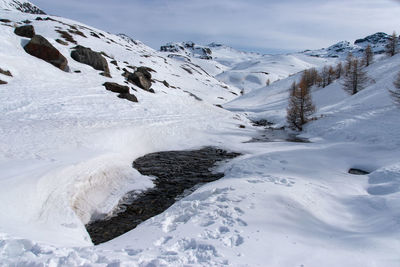 Scenic view of snow covered mountain against sky