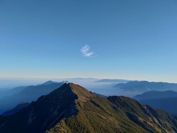 Scenic view of mountains against blue sky