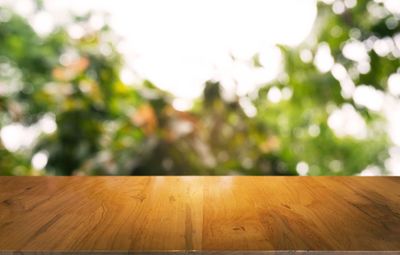 Close-up of wooden table against trees