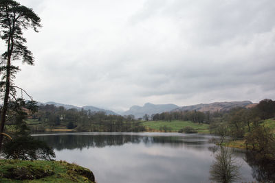Scenic view of lake against cloudy sky