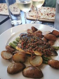 Close-up of food served on table