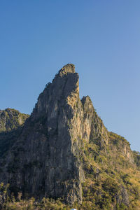 Low angle view of rocks on mountain against clear sky