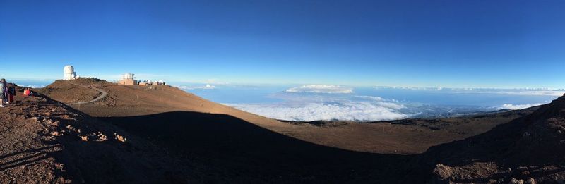 Panoramic view of mountains with observatory against clear blue sky