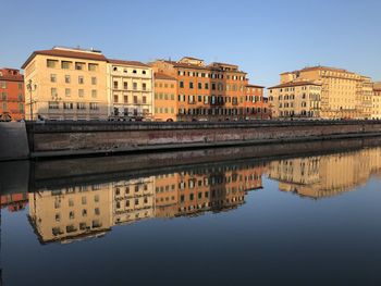 Reflection of buildings in city against clear sky