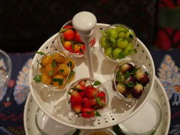 High angle view of fruits in plate on table