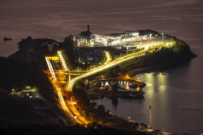 High angle view of illuminated city at night