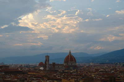 High angle view of cityscape against cloudy sky