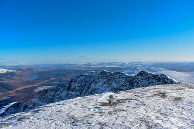 Scenic view of snowcapped mountains against blue sky