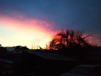 Silhouette trees and buildings against sky during sunset