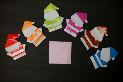 High angle view of multi colored decorations on table