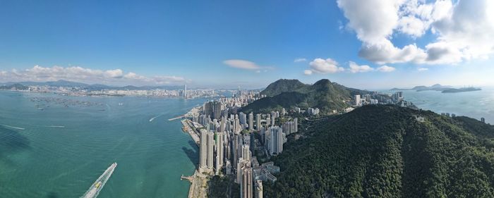 Panoramic aerial view of hong kong island.  mount davis, kennedy town, and victoria harbor