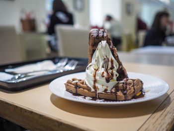 Close-up of chocolate cake on table