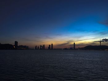 View of city at waterfront during sunset