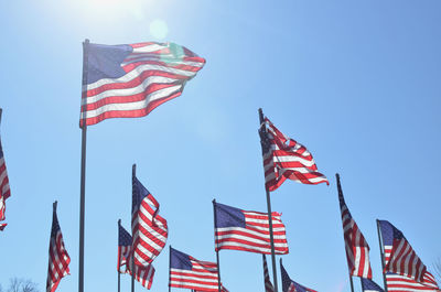 American flags blowing in the wind against blue sky