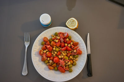 High angle view of breakfast served on table