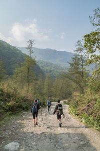 Hikers walking amidst trees against sky