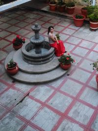 High angle view of red wine on table