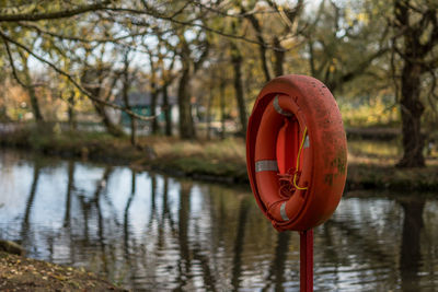 Red umbrella hanging on tree by lake