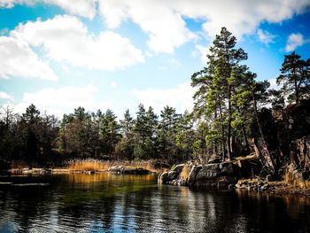 Scenic view of lake against cloudy sky