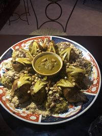 High angle view of meal served on table