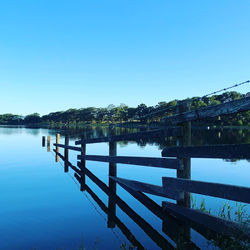 Scenic view of lake against clear blue sky