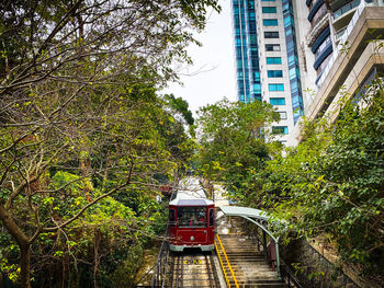 Train on railroad track in city