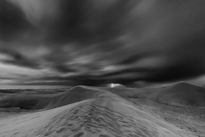 Scenic view of snow covered land against dramatic sky