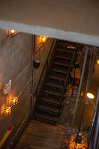 High angle view of illuminated staircase at night