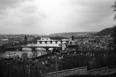 High angle view of townscape by river against sky