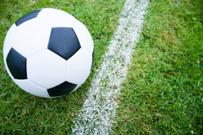 High angle view of soccer ball on field